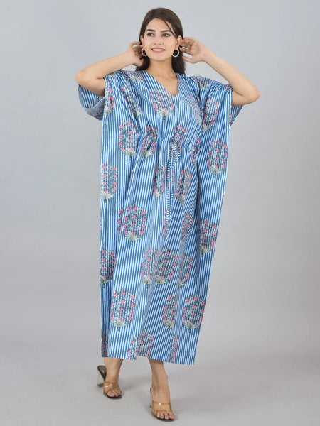 Blue Floral Cotton Kaftan with White Stripes & Pocket - Comfortable Loungewear for Women & Girls