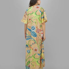 Handmade Indian Cotton Kaftan - Birds and Flower Print | Hand Block Printed Caftan Dress