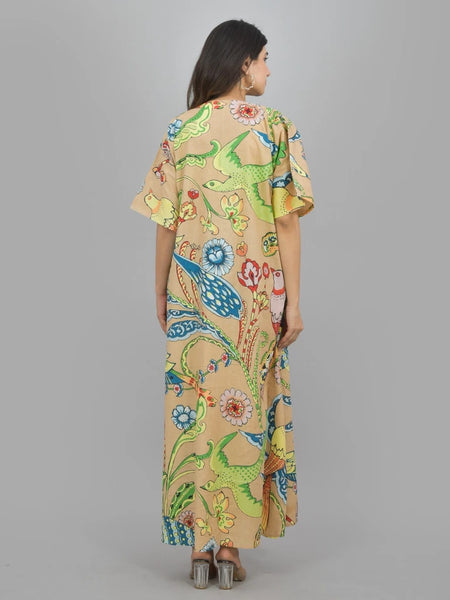 Handmade Indian Cotton Kaftan - Birds and Flower Print | Hand Block Printed Caftan Dress