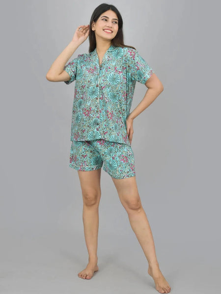 100% Pure Cotton Women's Floral Print Shorts Night Suit Set - Green Hand Block Printed Sleepwear