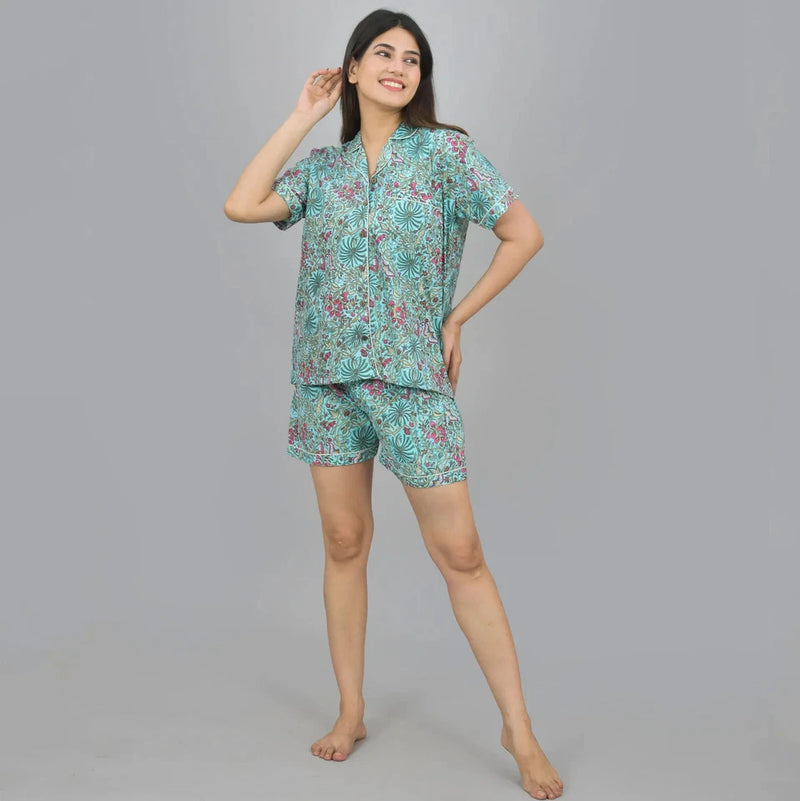 100% Pure Cotton Women's Floral Print Shorts Night Suit Set - Green Hand Block Printed Sleepwear