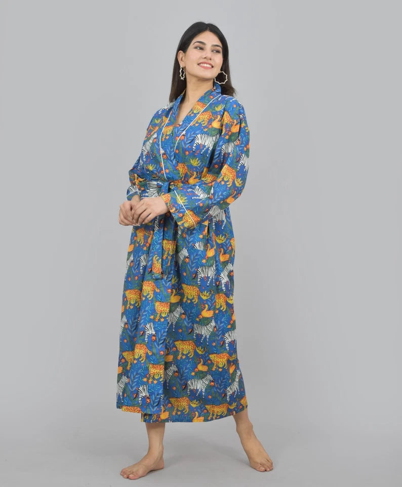 Print Cotton Kimono Robe Dressing Gown | Animal Print 100% Cotton Kimono Robe | Block Print Bridesmaid Robe Collection