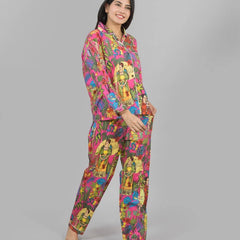 100% Pure Cotton Frida Print Pajama Set Soft Pink Cotton Pants & Shirt Set for Women