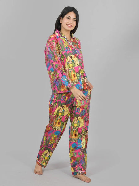 100% Pure Cotton Frida Print Pajama Set Soft Pink Cotton Pants & Shirt Set for Women