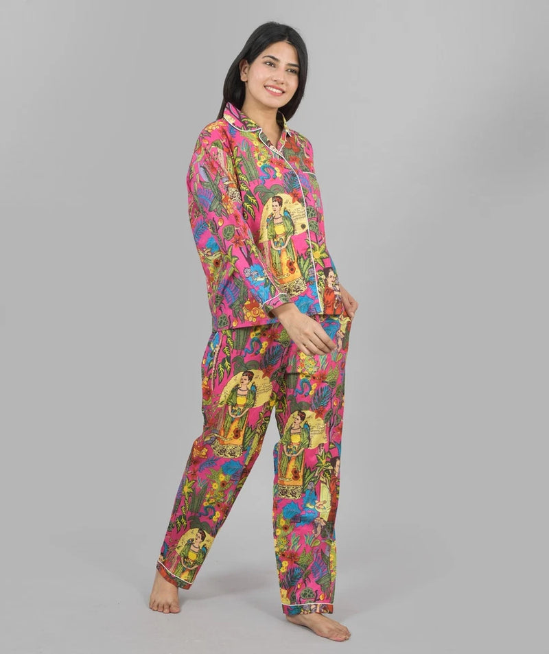 100% Pure Cotton Frida Print Pajama Set Soft Pink Cotton Pants & Shirt Set for Women
