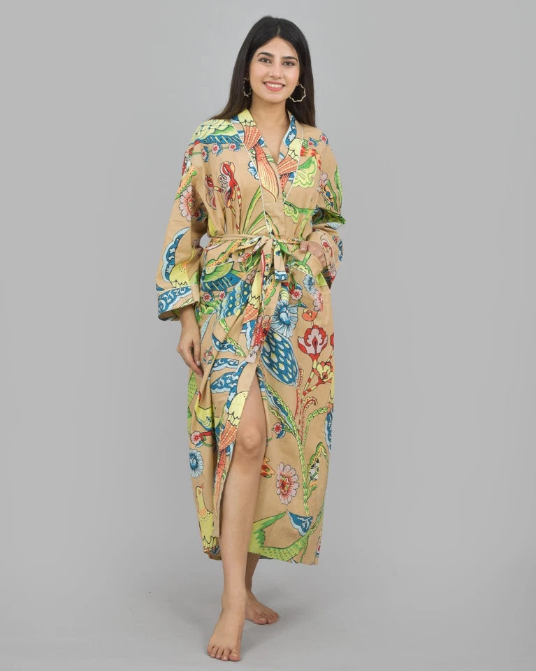 100% Cotton Floral & Bird Print Kimono Robe | Hand Printed Cotton Dressing Gown