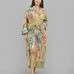 100% Cotton Floral & Bird Print Kimono Robe | Hand Printed Cotton Dressing Gown