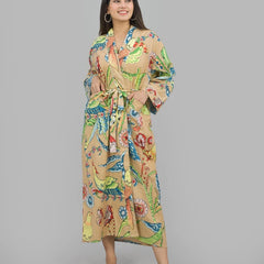 100% Cotton Floral & Bird Print Kimono Robe | Hand Printed Cotton Dressing Gown