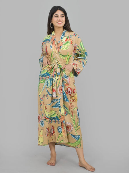 100% Cotton Floral & Bird Print Kimono Robe | Hand Printed Cotton Dressing Gown