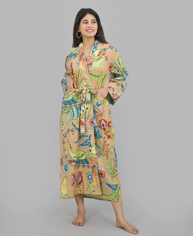 100% Cotton Floral & Bird Print Kimono Robe | Hand Printed Cotton Dressing Gown