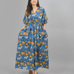 Blue Zebra & Tiger Print Cotton Kaftan Set - 100% Pure Cotton Loungewear, Boho Maxi Dress for Women