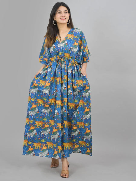 Blue Zebra & Tiger Print Cotton Kaftan Set - 100% Pure Cotton Loungewear, Boho Maxi Dress for Women