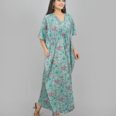 Green Floral Print Indian Cotton Kaftan Maxi Dress, Boho Beach Cover Up, Lightweight Summer Loungewear