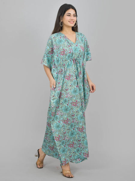 Green Floral Print Indian Cotton Kaftan Maxi Dress, Boho Beach Cover Up, Lightweight Summer Loungewear