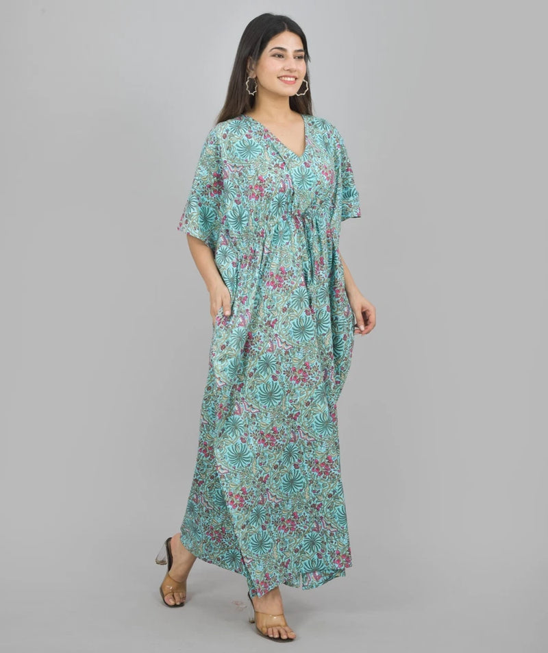 Green Floral Print Indian Cotton Kaftan Maxi Dress, Boho Beach Cover Up, Lightweight Summer Loungewear