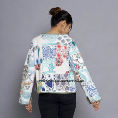 Women Cotton Quilted Patchwork Reversible Winter White Jacket