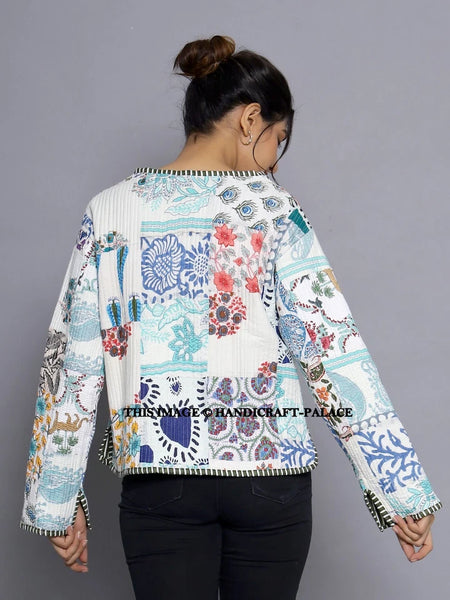 Women Cotton Quilted Patchwork Reversible Winter White Jacket