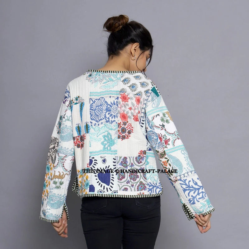 Women Cotton Quilted Patchwork Reversible Winter White Jacket