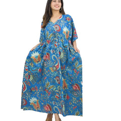 blue Flower Print Cotton Kaftan Dress - Block Printed Women's Caftan, Beach Cover Up, Lightweight Loungewear