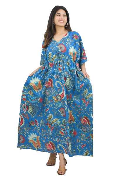 blue Flower Print Cotton Kaftan Dress - Block Printed Women's Caftan, Beach Cover Up, Lightweight Loungewear