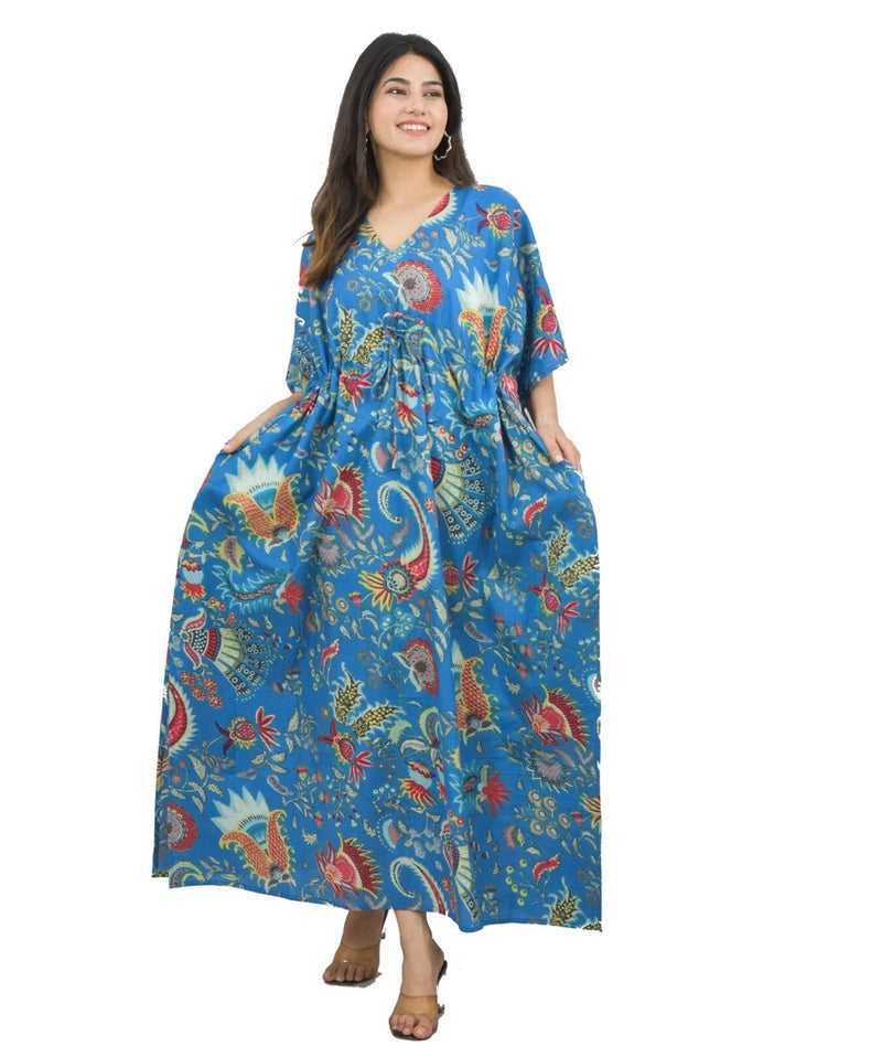 blue Flower Print Cotton Kaftan Dress - Block Printed Women's Caftan, Beach Cover Up, Lightweight Loungewear