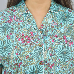 100% Pure Cotton Women's Floral Print Shorts Night Suit Set - Green Hand Block Printed Sleepwear