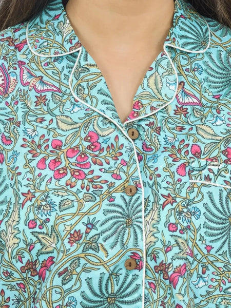 100% Pure Cotton Women's Floral Print Shorts Night Suit Set - Green Hand Block Printed Sleepwear