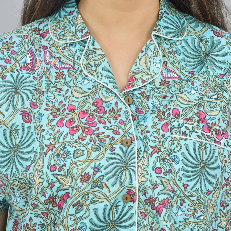 100% Pure Cotton Women's Floral Print Shorts Night Suit Set - Green Hand Block Printed Sleepwear