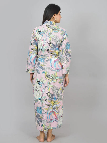 Floral Print Cotton Kimono Robe, Animal Print Pure Cotton Dressing Gown, Block Print Monkey Robe
