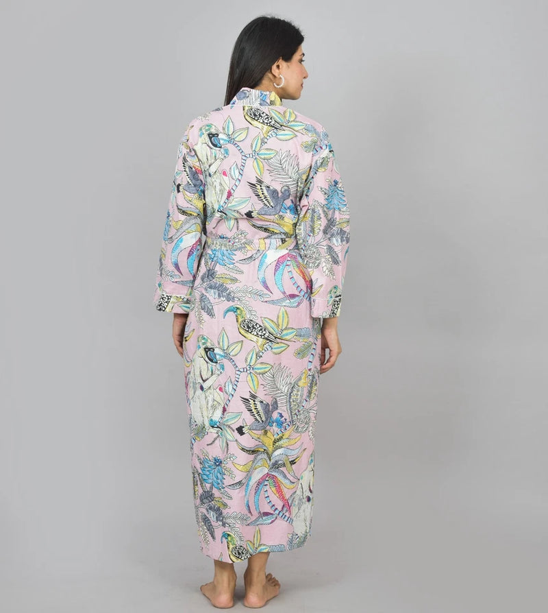 Floral Print Cotton Kimono Robe, Animal Print Pure Cotton Dressing Gown, Block Print Monkey Robe