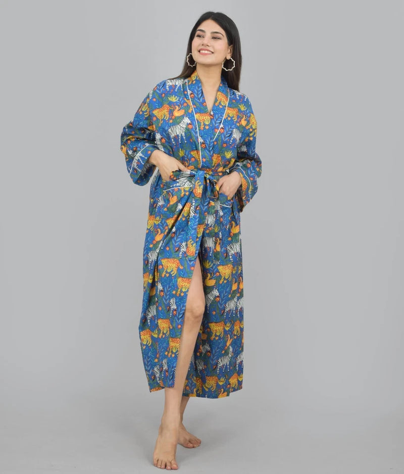 Print Cotton Kimono Robe Dressing Gown | Animal Print 100% Cotton Kimono Robe | Block Print Bridesmaid Robe Collection