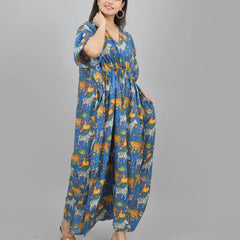 Blue Zebra & Tiger Print Cotton Kaftan Set - 100% Pure Cotton Loungewear, Boho Maxi Dress for Women
