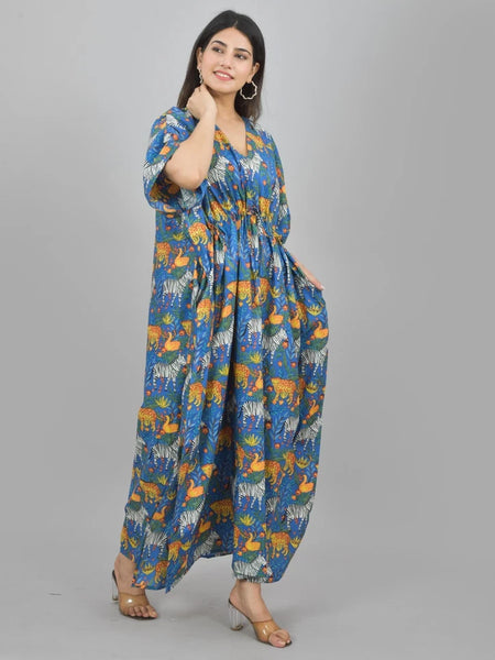 Blue Zebra & Tiger Print Cotton Kaftan Set - 100% Pure Cotton Loungewear, Boho Maxi Dress for Women