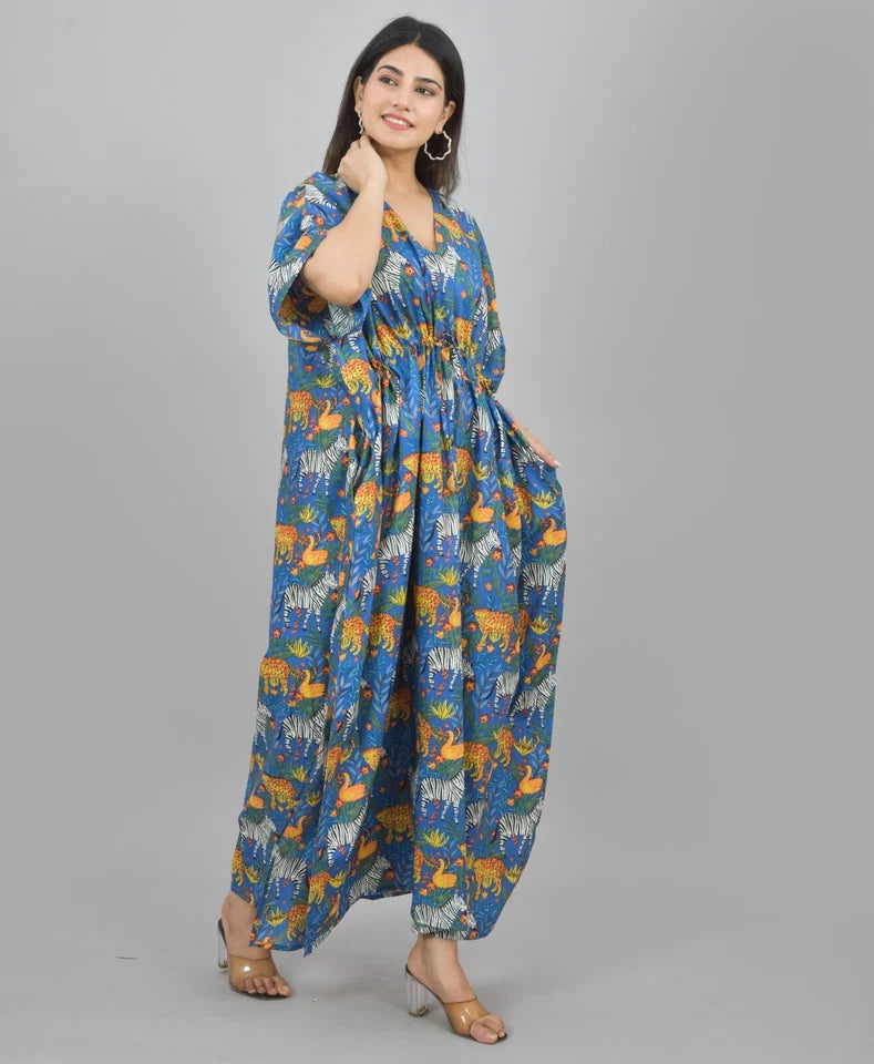 Blue Zebra & Tiger Print Cotton Kaftan Set - 100% Pure Cotton Loungewear, Boho Maxi Dress for Women