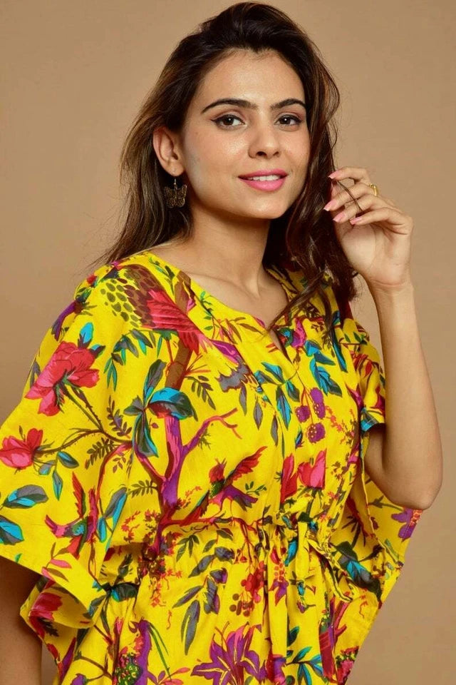 Yellow Bird Print Indian Cotton Kaftan - Long Maxi Dress, 100% Soft Cotton Beach Cover Up & Loungewear