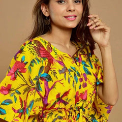 Yellow Bird Print Indian Cotton Kaftan - Long Maxi Dress, 100% Soft Cotton Beach Cover Up & Loungewear