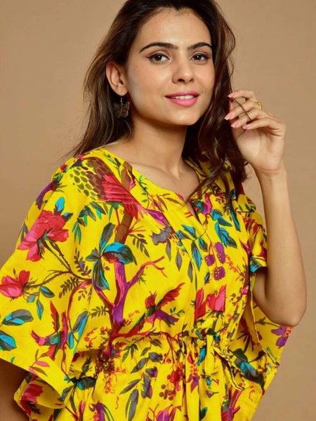 Yellow Bird Print Indian Cotton Kaftan - Long Maxi Dress, 100% Soft Cotton Beach Cover Up & Loungewear