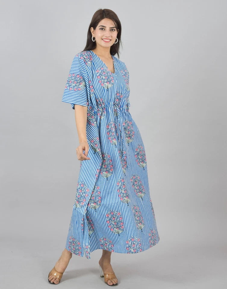 Blue Floral Cotton Kaftan with White Stripes & Pocket - Comfortable Loungewear for Women & Girls