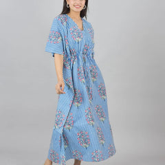 Blue Floral Cotton Kaftan with White Stripes & Pocket - Comfortable Loungewear for Women & Girls