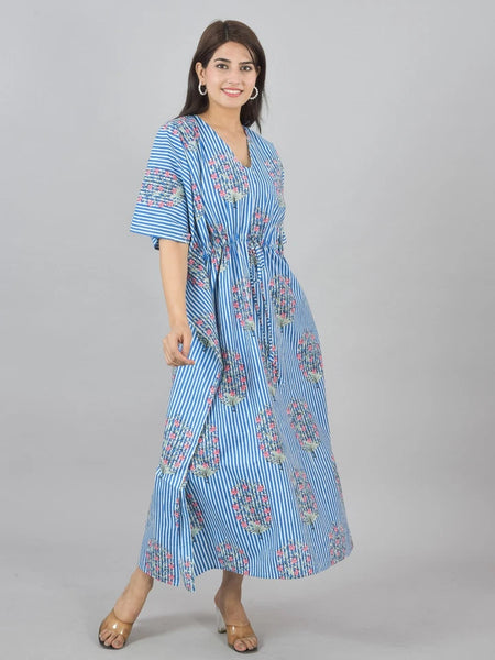 Blue Floral Cotton Kaftan with White Stripes & Pocket - Comfortable Loungewear for Women & Girls