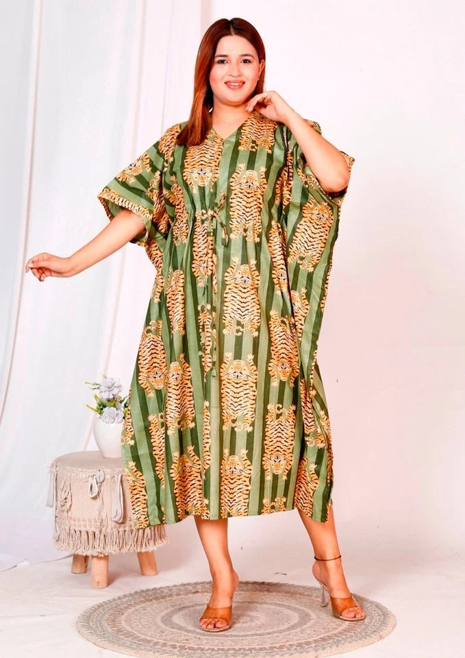 Green Tiger Print Indian Cotton Kaftan - Long Maxi Dress, Beach Cover Up, 100% Soft Cotton