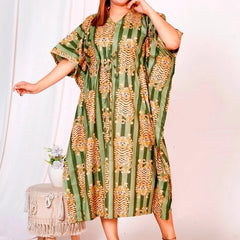Green Tiger Print Indian Cotton Kaftan - Long Maxi Dress, Beach Cover Up, 100% Soft Cotton