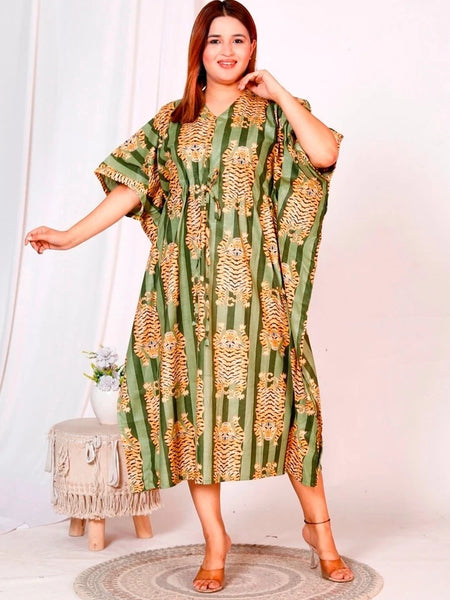 Green Tiger Print Indian Cotton Kaftan - Long Maxi Dress, Beach Cover Up, 100% Soft Cotton