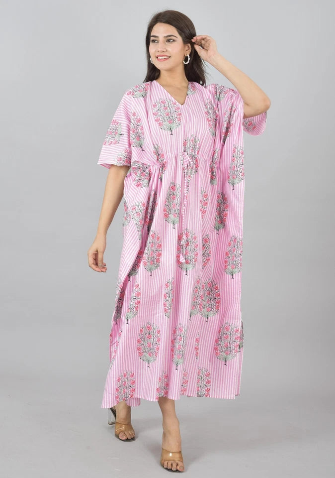 Pink Floral Cotton Kaftan with White Stripes & Pocket Lightweight Loungewear for Women & Girls