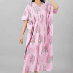 Pink Floral Cotton Kaftan with White Stripes & Pocket Lightweight Loungewear for Women & Girls