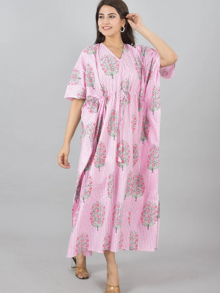 Pink Floral Cotton Kaftan with White Stripes & Pocket Lightweight Loungewear for Women & Girls