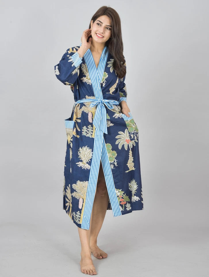 Floral Print Cotton Kimono Robe Dressing Gown - Hand Block Print 100% Cotton Bridesmaid Bathrobe with Pocket, Royal Blue Kimono Robe for Women