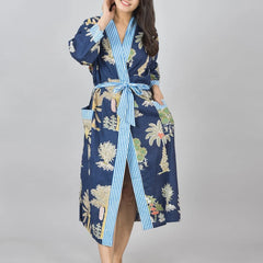 Floral Print Cotton Kimono Robe Dressing Gown - Hand Block Print 100% Cotton Bridesmaid Bathrobe with Pocket, Royal Blue Kimono Robe for Women