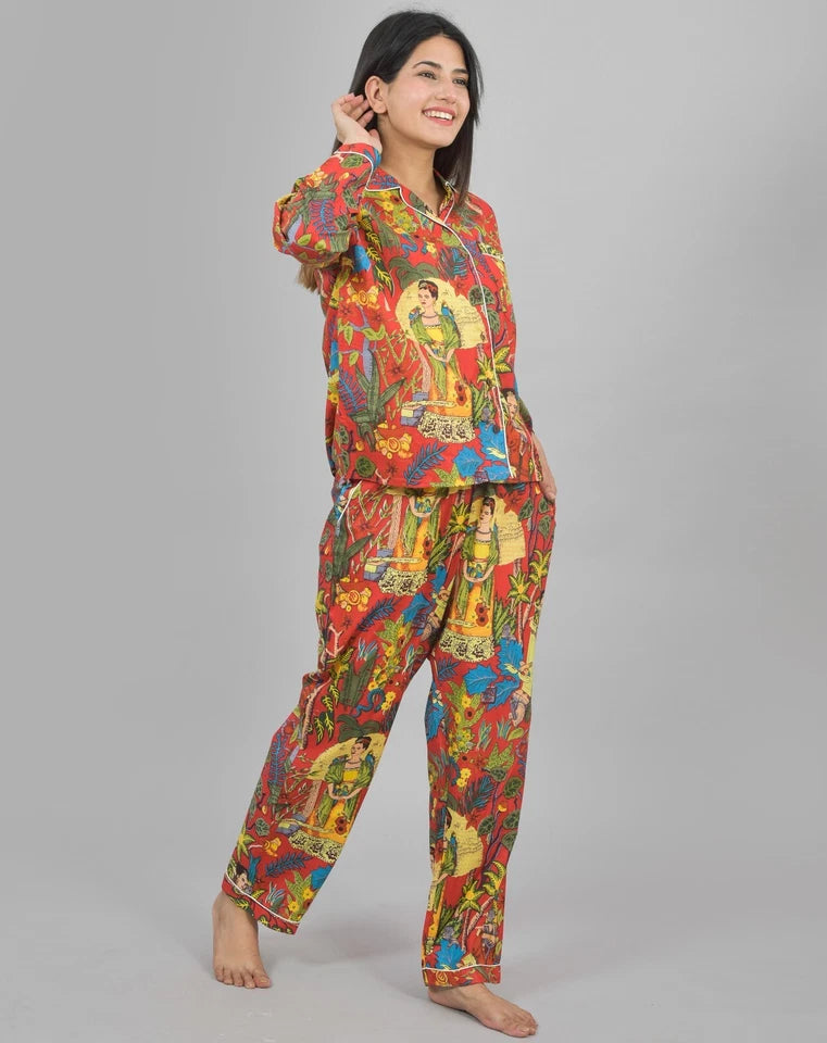 100% Pure Cotton Frida Print Pajama Set Hand Block Printed Orange Loungewear for Women
