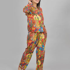 100% Pure Cotton Frida Print Pajama Set Hand Block Printed Orange Loungewear for Women